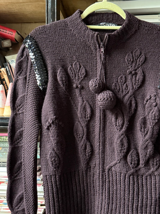 Vintage Sonia Rykiel Brown Chunky Cable Knit Zip Sweater