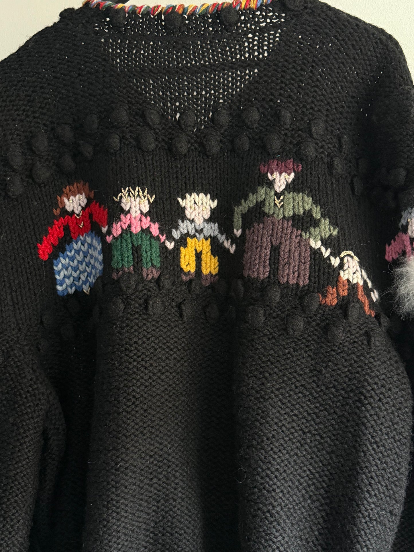 Vintage Knit Folk Art Ckunky Cardigan With Village Motif