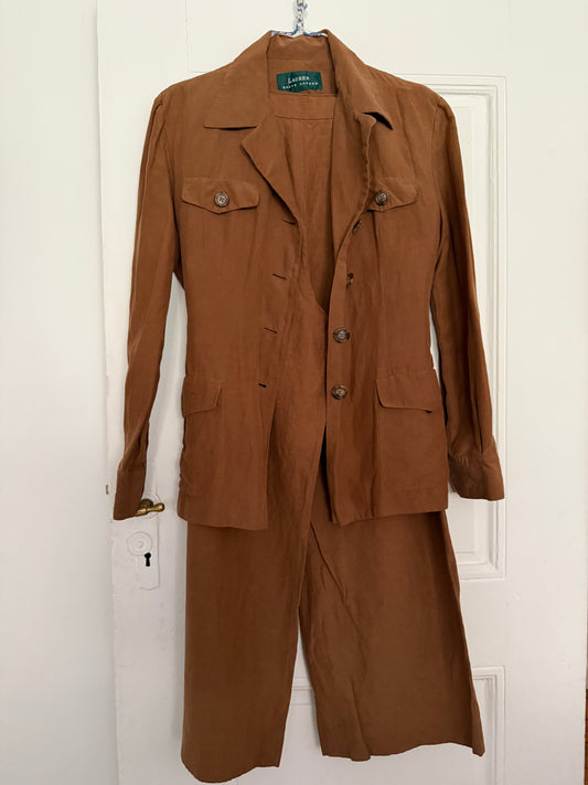 Vintage Ralph Lauren Cinnamon Silk and Linen Blazer and Wide Leg Trousers Set