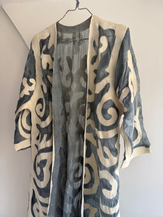 Vintage Long Kimono with Abstract Appliqué Detailing