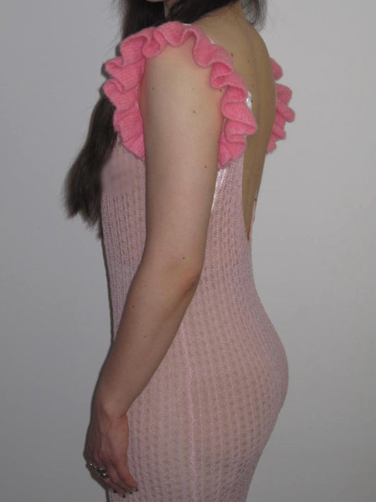 Rotate Pink Open Back Mermaid Crochet Maxi Dress With Ruffle Trim