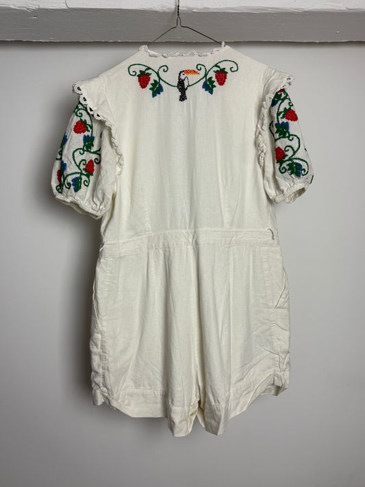 FARM Rio Embroidered Strawberry and Toucan Cotton Playsuit