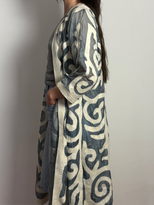 Vintage Long Kimono with Abstract Appliqué Detailing
