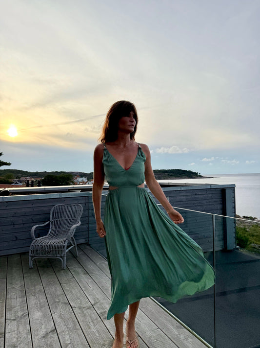 Maje Forest Green V-Neck Maxi Dress with Stunning Details