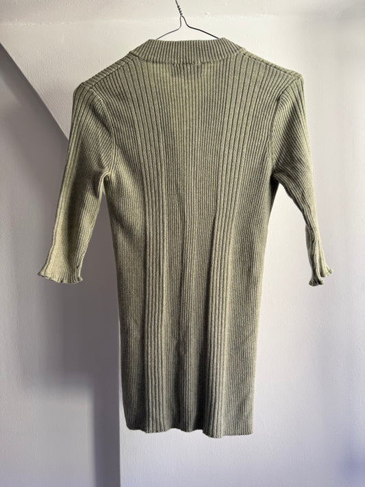 Mayle La Femme Sage Green Ribbed Knit Top With Gold Buttons