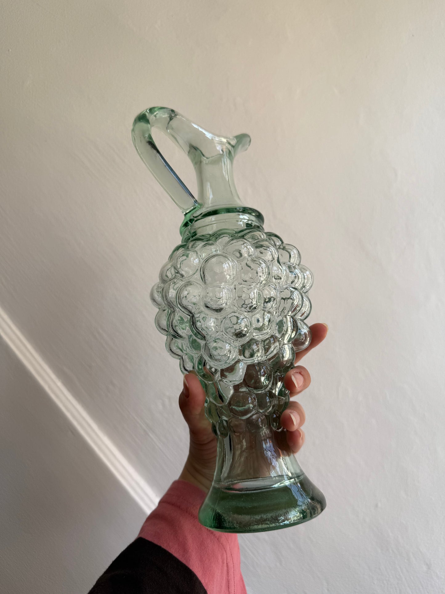 Vintage Green Glass Decanter with Grape Design