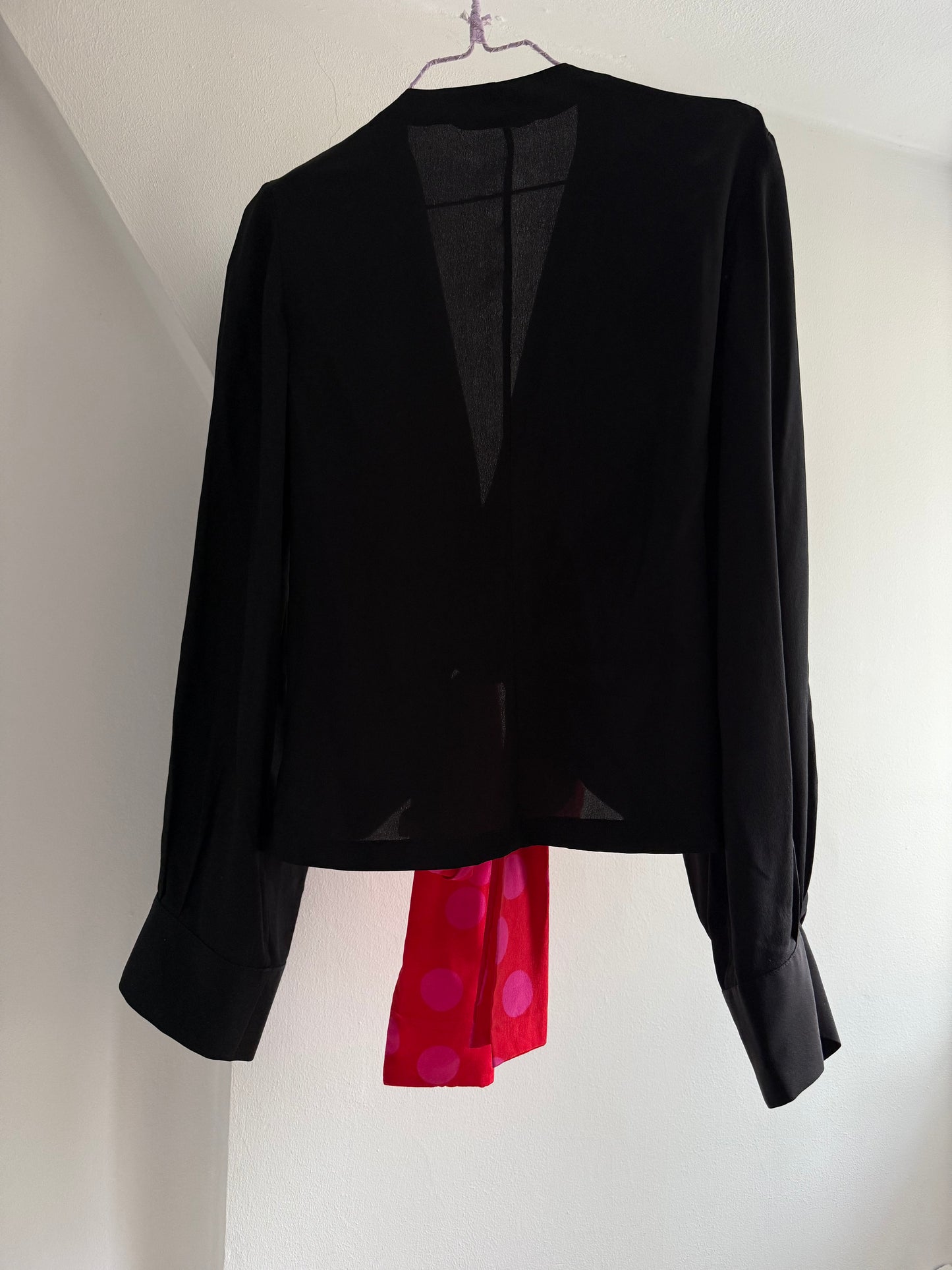 Caro Edition Black Silk Blouse with Draped Front and Pink Polka Dot Tie