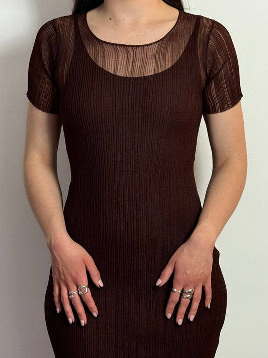 Simkhai Sheer Pleated Ruffle Hem Bodycon Chocolate Maxi Dress