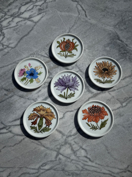Porcelain Coasters with Hand Painted Floral Motifs Set of 6