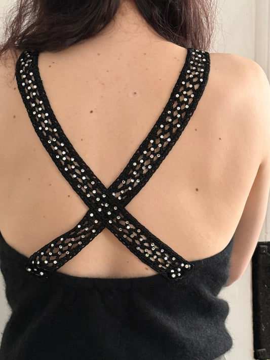 Vintage Black Top with Rhinestones and a Cross-Back Design