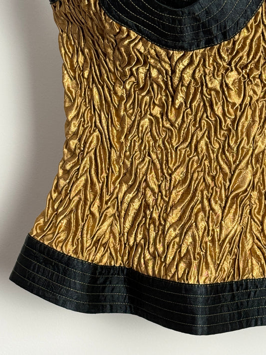 Vintage Metallic Gold Corset Top with Black Trim and Textured Finish