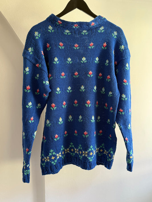 Vintage Hand Knit Blue Tulip Sweater With Folk Pattern
