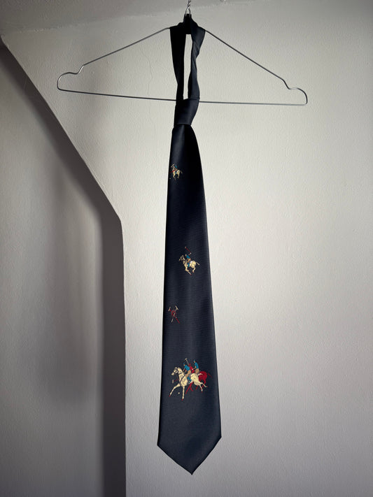 Vintage Giovanni Italian Navy Blue Tie with Polo Player Motif