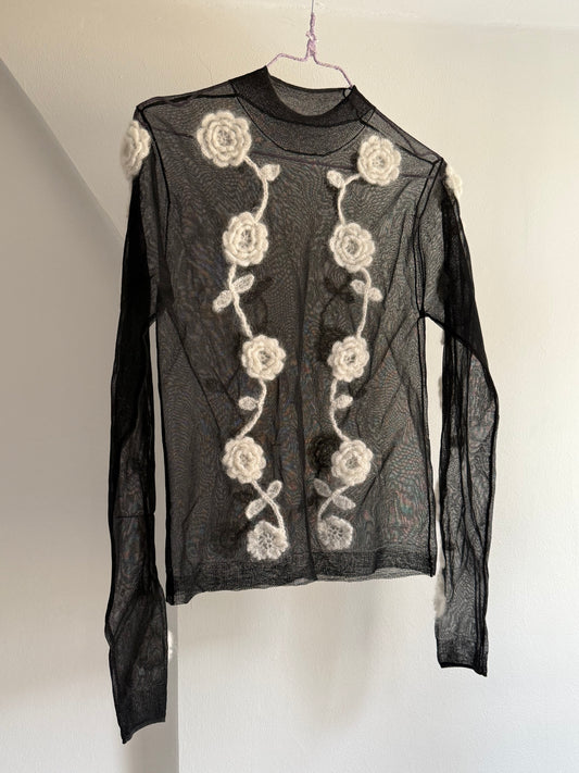 Ganni Turtleneck Mesh Top with Crochet Flowers Appliqués