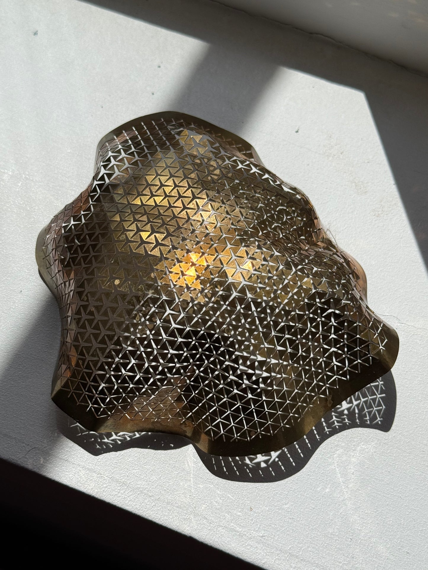 Vintage Sculptural Brass Catchall Bowl with Geometric Pierced Design