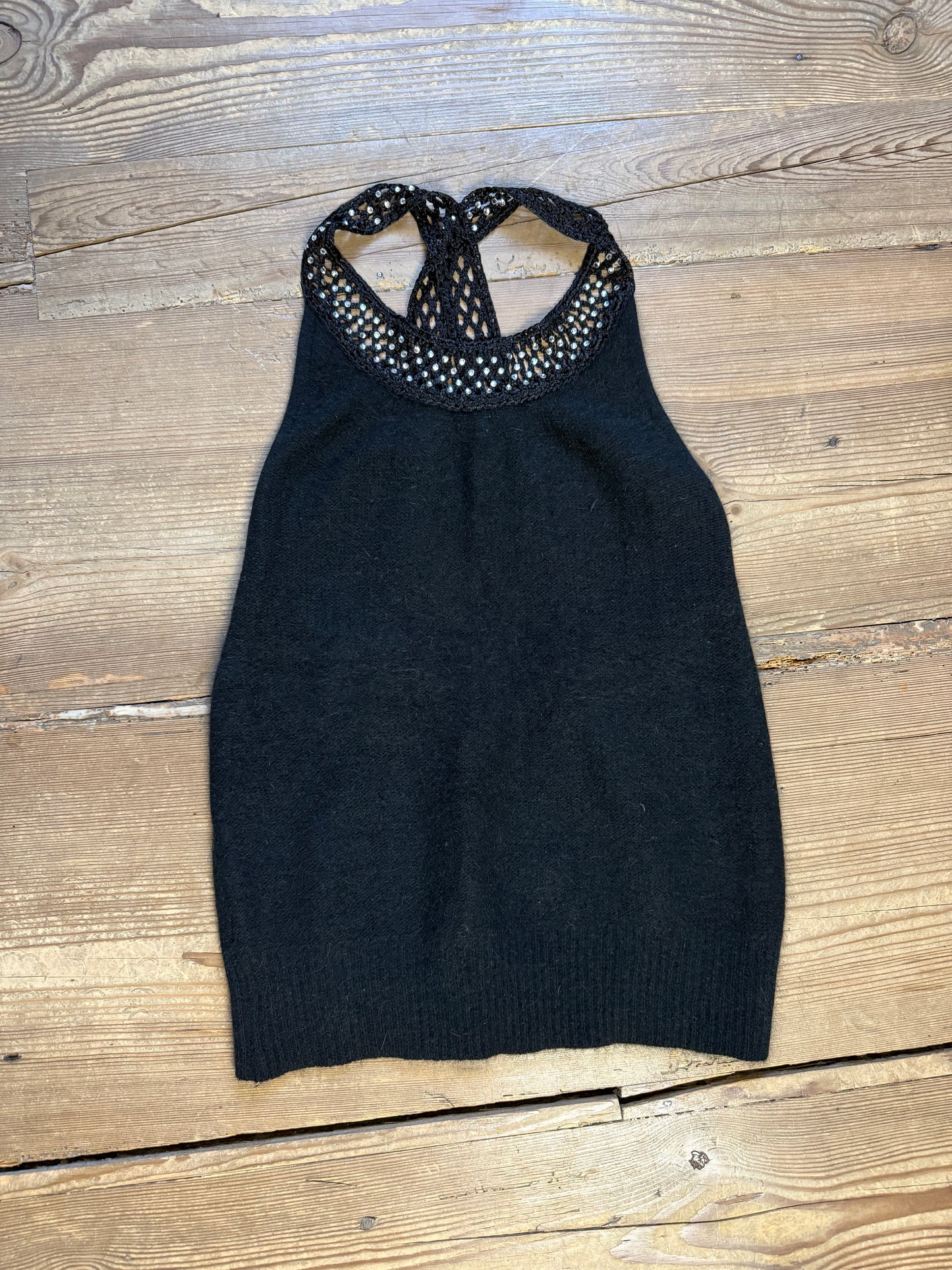 Vintage Black Top with Rhinestones and a Cross-Back Design