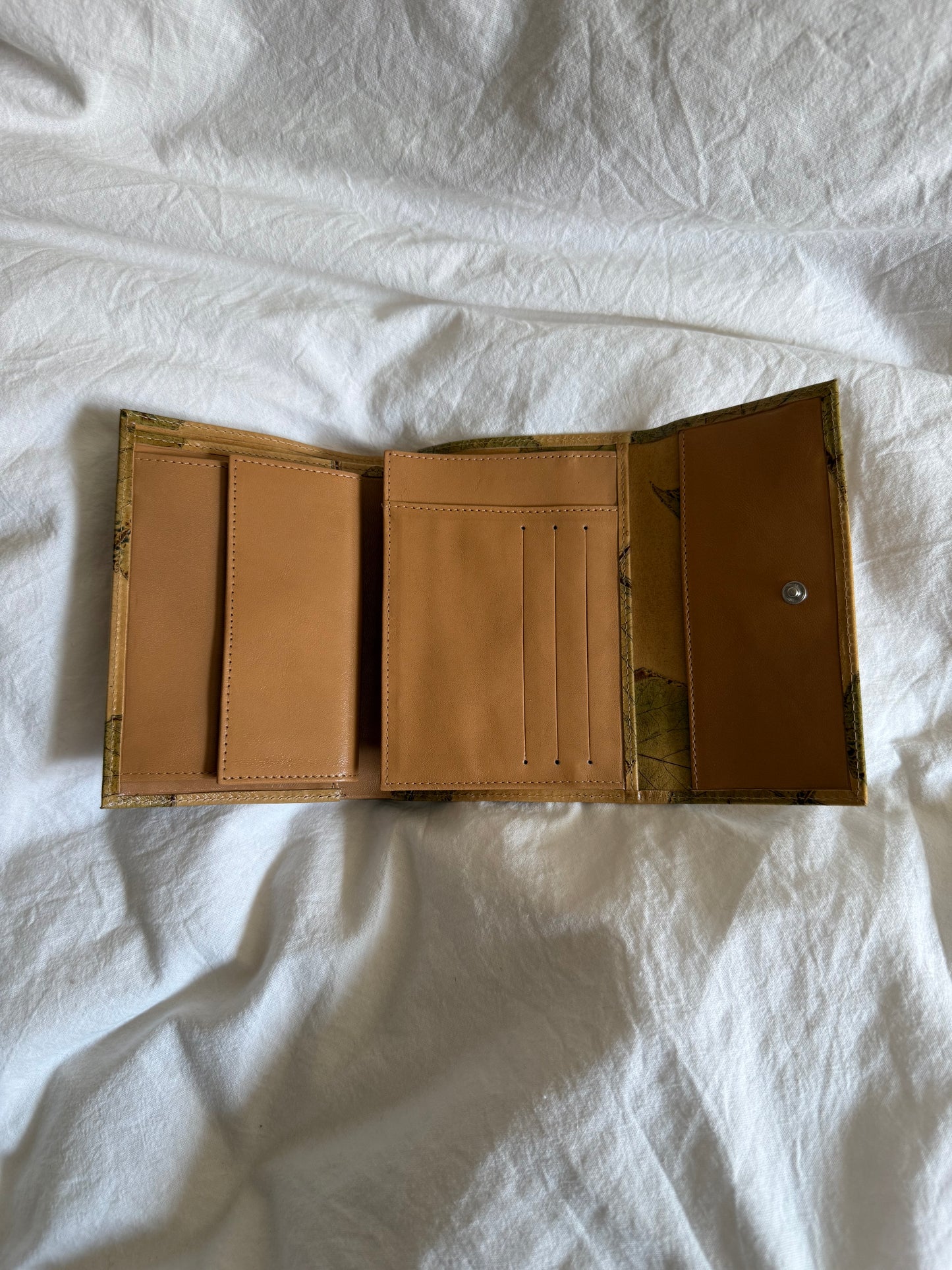 Vintage Leather Shoulder Bag and Matching Wallet with Pressed Leaves