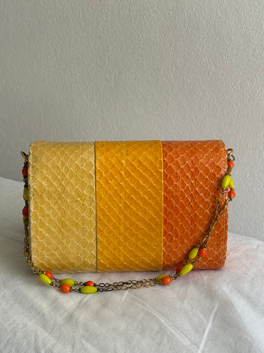 Vintage Rare Sunset Python Leather Beaded Chain Clutch Bag