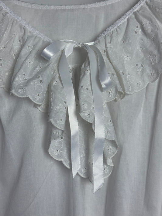 Romantic Vintage White Cotton Smock Dress with Broderie Anglaise Collar and Satin Ribbon Tie