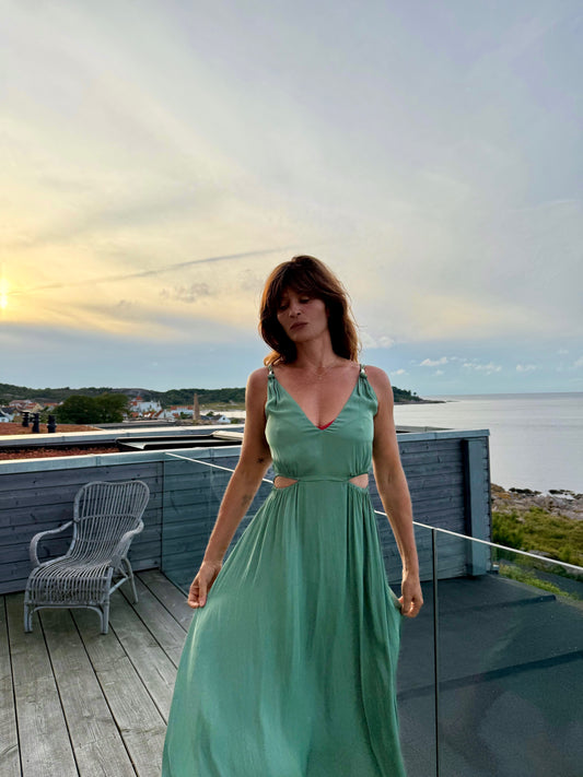 Maje Forest Green V-Neck Maxi Dress with Stunning Details