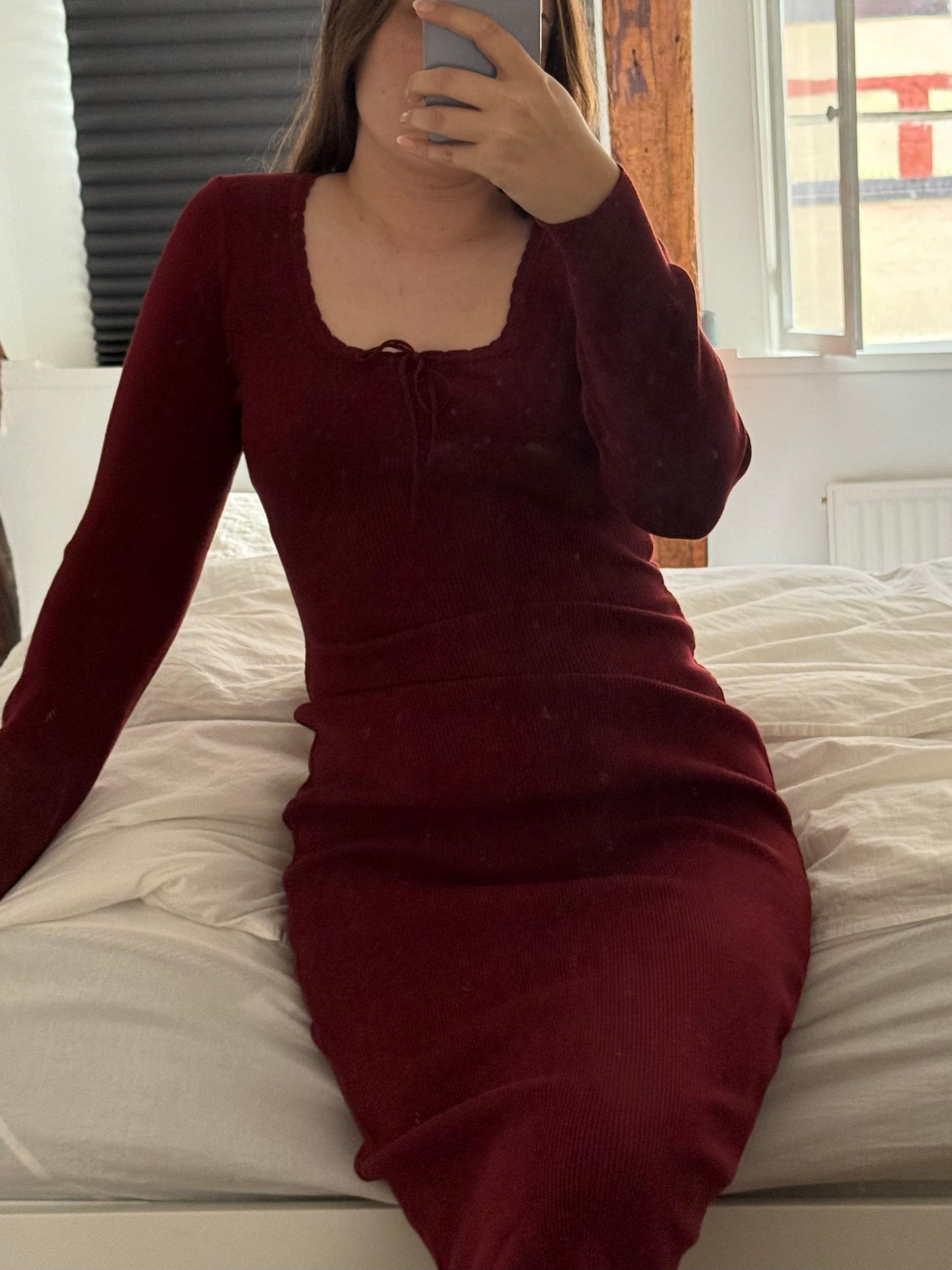 Rouje Wine Red Dress with Defined Waist and Tie Details