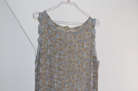 Rare Hand Beaded Vintage Cocktail Dress in Soft Nude and Blue