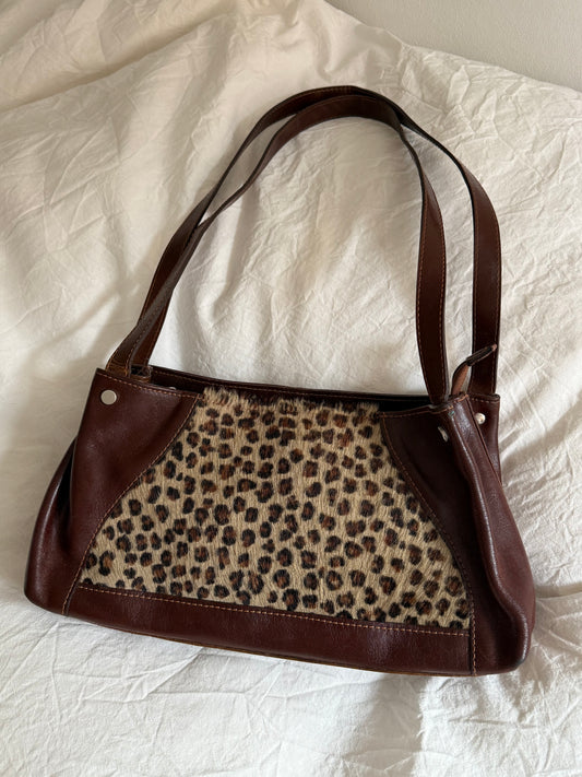 Vintage 90s Leopard Pony Hair Leather Shoulder Bag