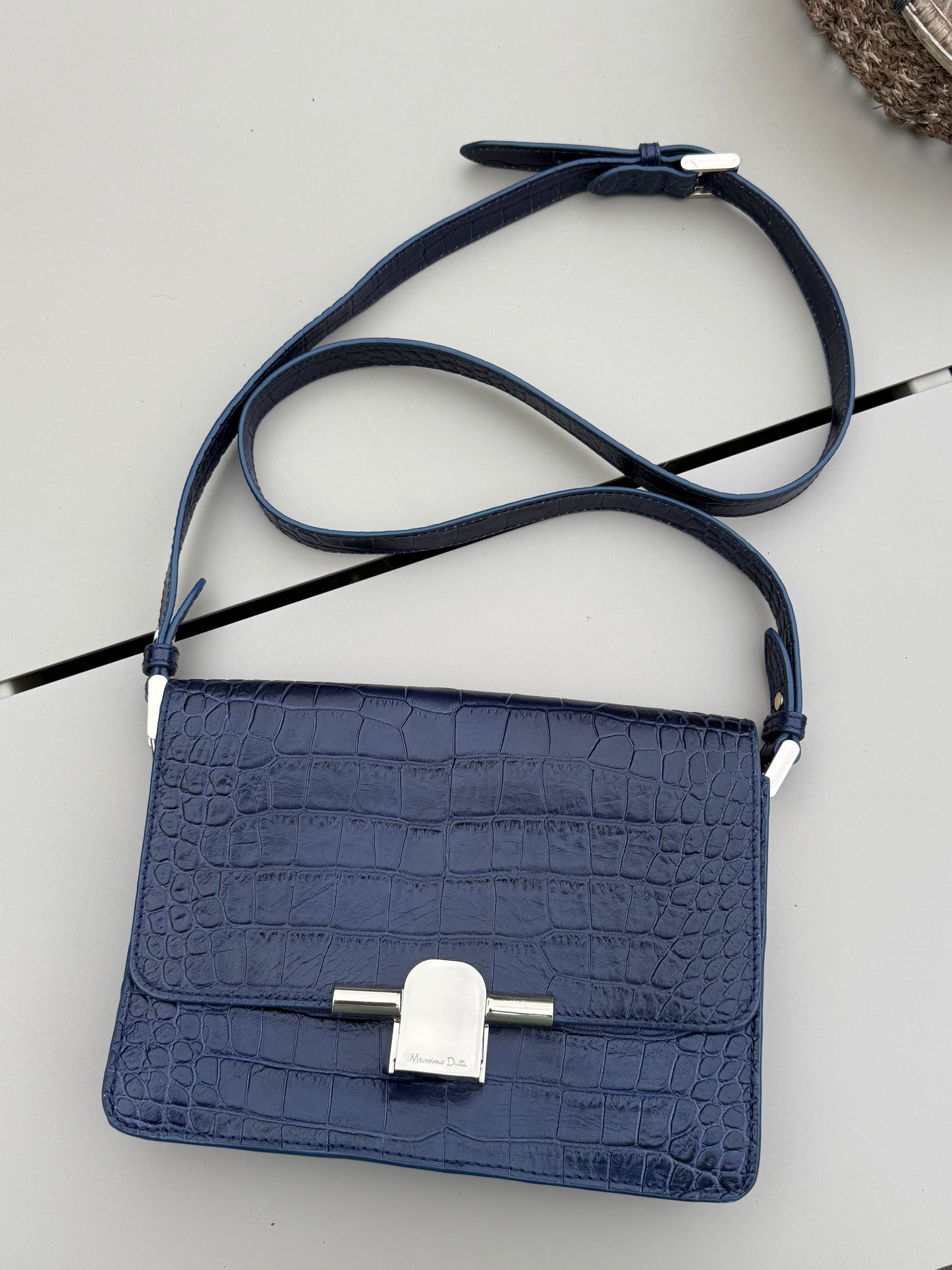 Massimo Dutti 2017 Navy Stamp Crocodile Crossbody Bag