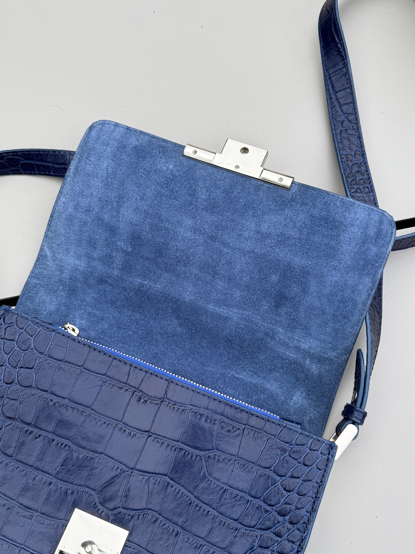 Massimo Dutti 2017 Navy Stamp Crocodile Crossbody Bag