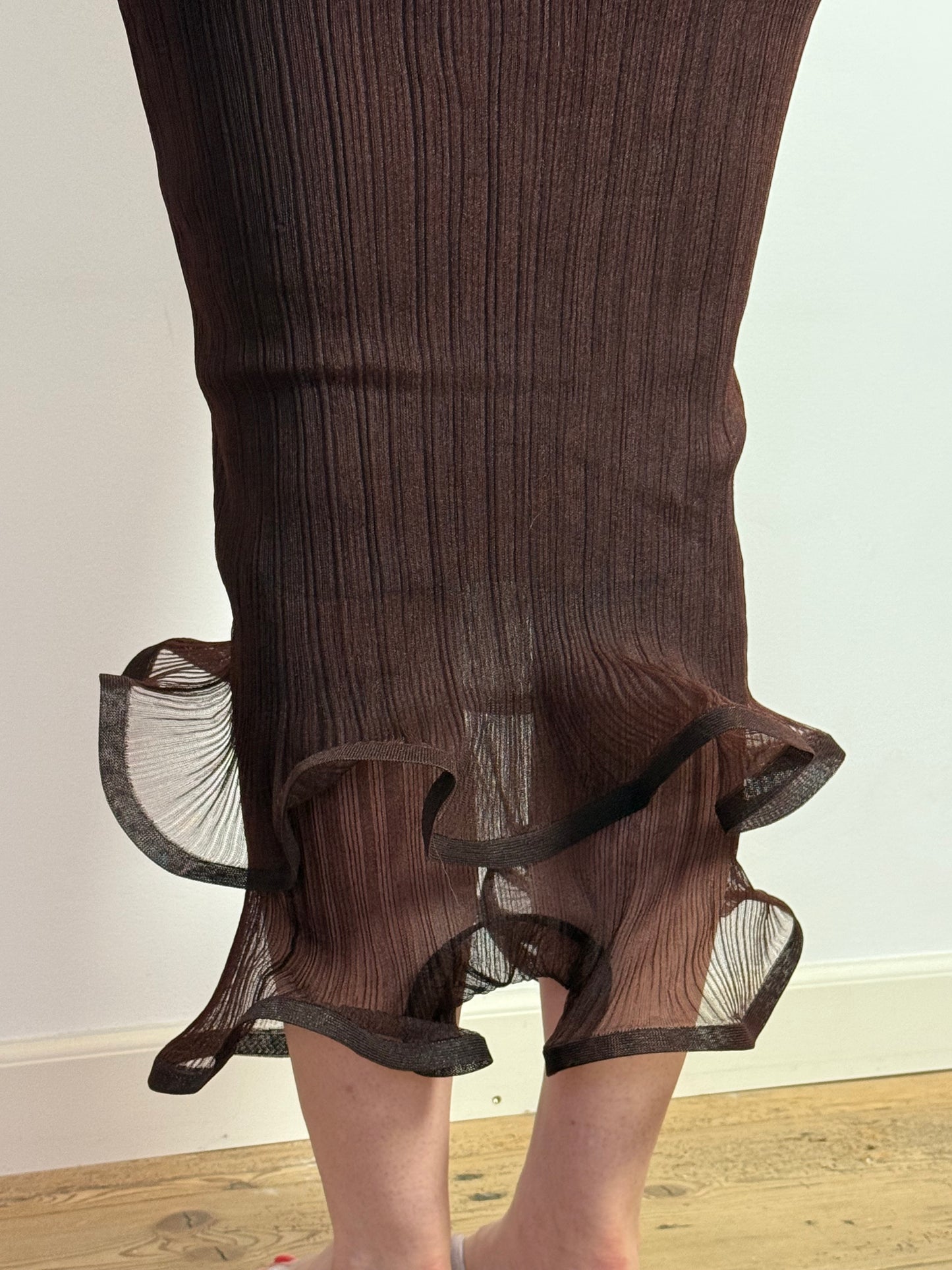 Simkhai Sheer Pleated Ruffle Hem Bodycon Chocolate Maxi Dress