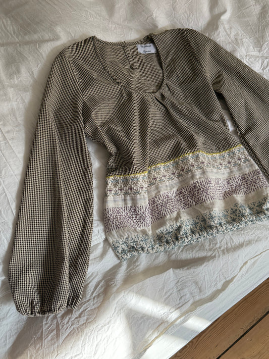 Christensen X Sigersen Brown Gingham Blouse with Decorative Woven Panel Size S