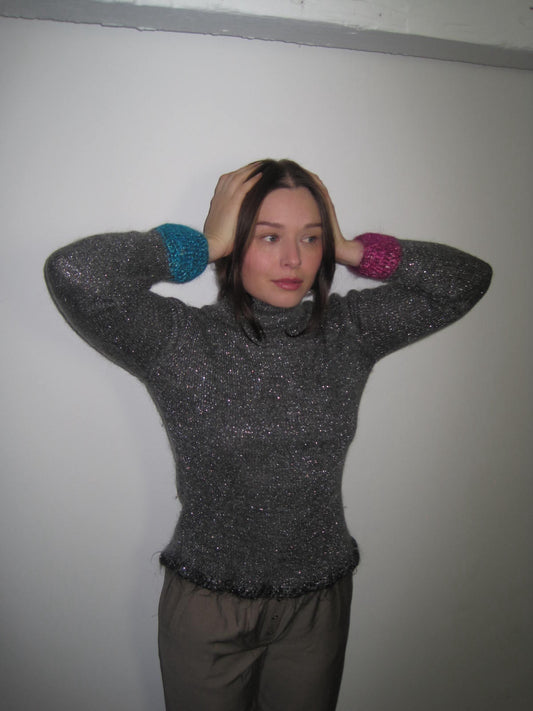 Vintage Mohair Blend Glitter Top with Pink and Blue Knitted Details on the Sleeves