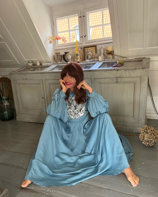 Vintage Rare Jean Varon Sky Blue Maxi Dress with Appliqué Details