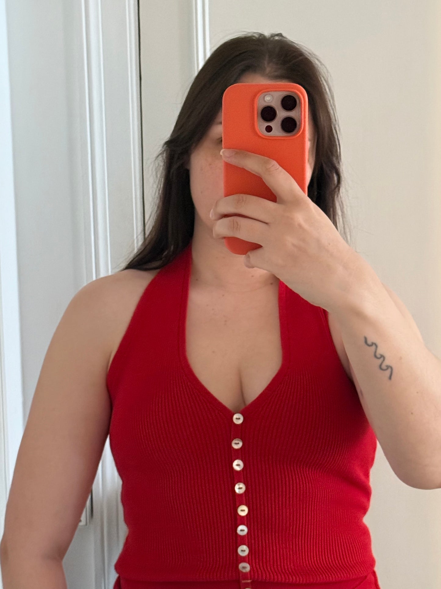 Rouje Bright Red Halterneck Top with Mother of Pearls Buttons