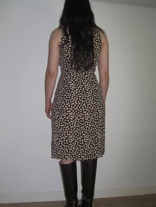 Rouje Floral Wrap Midi Dress with Soft Yellow Ditsy Print and Defined Waistband