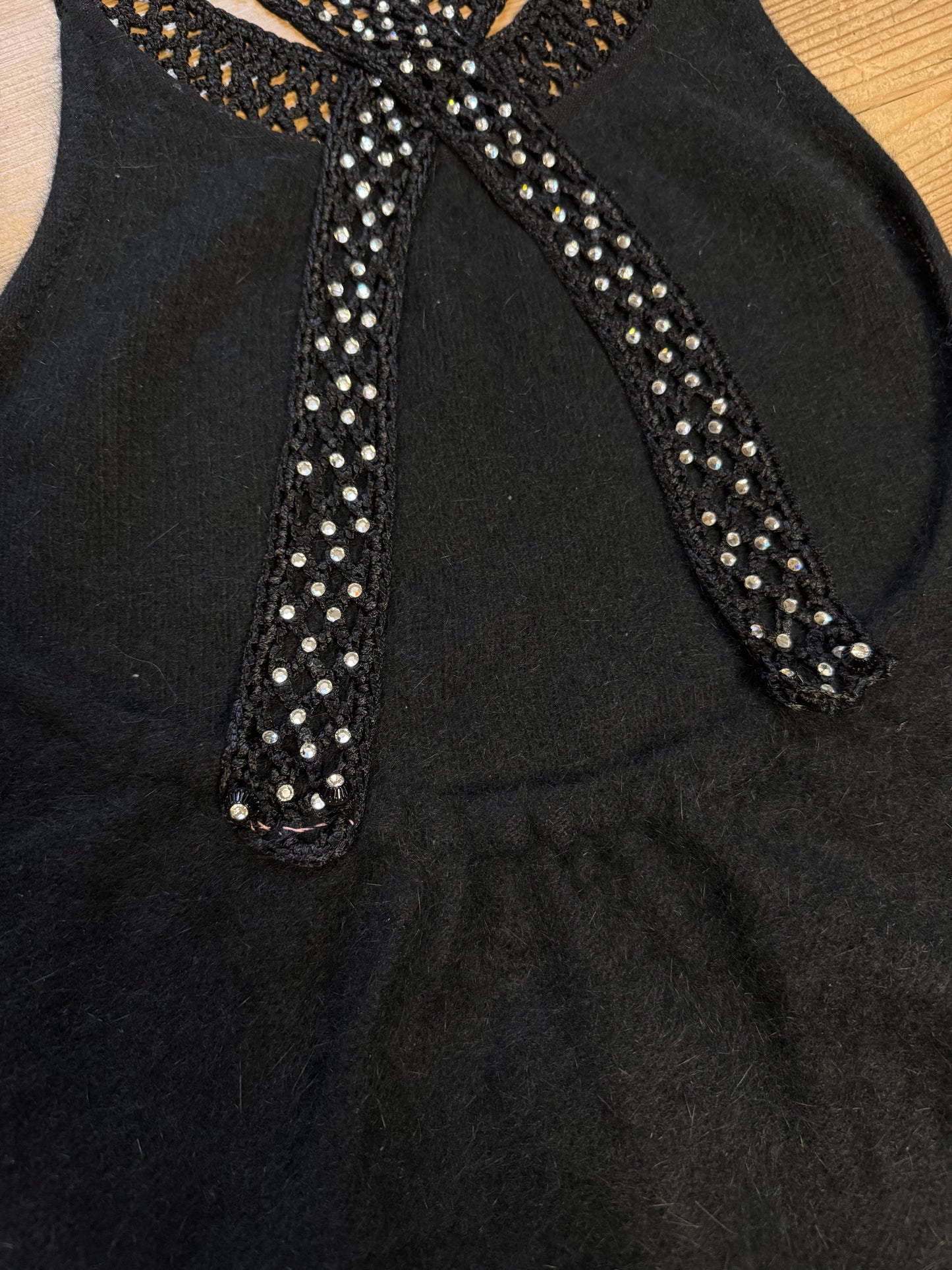 Vintage Black Top with Rhinestones and a Cross-Back Design