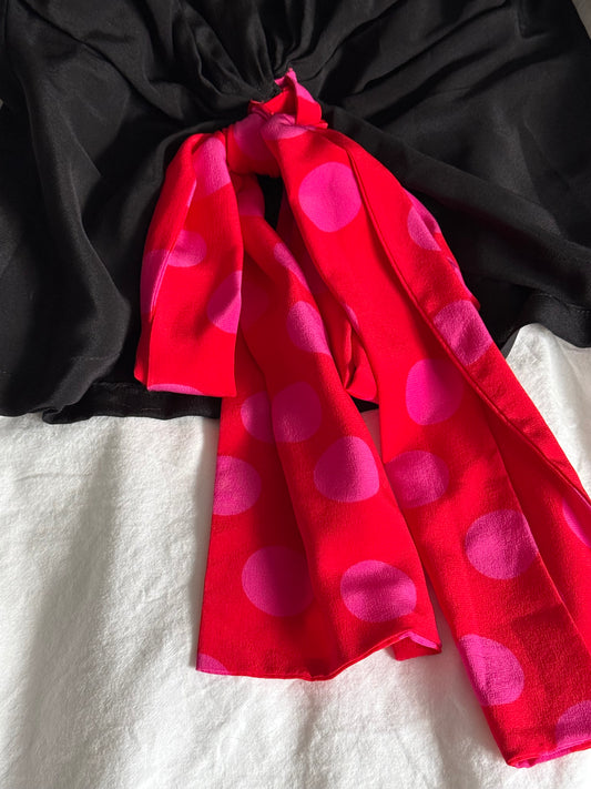 Caro Edition Black Silk Blouse with Draped Front and Pink Polka Dot Tie