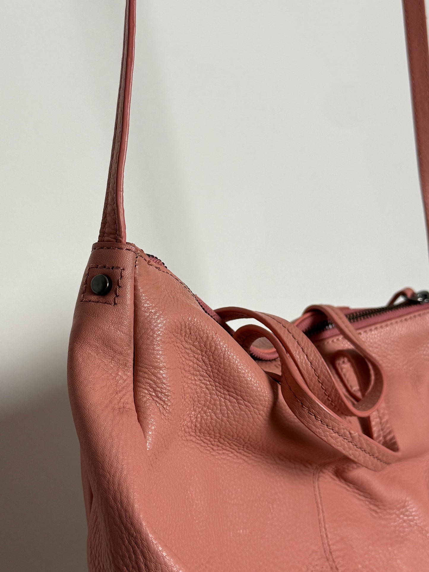 Kooba Blush Soft Leather Shoulder Bag with Multi Zip Pockets and Adjustable Strap