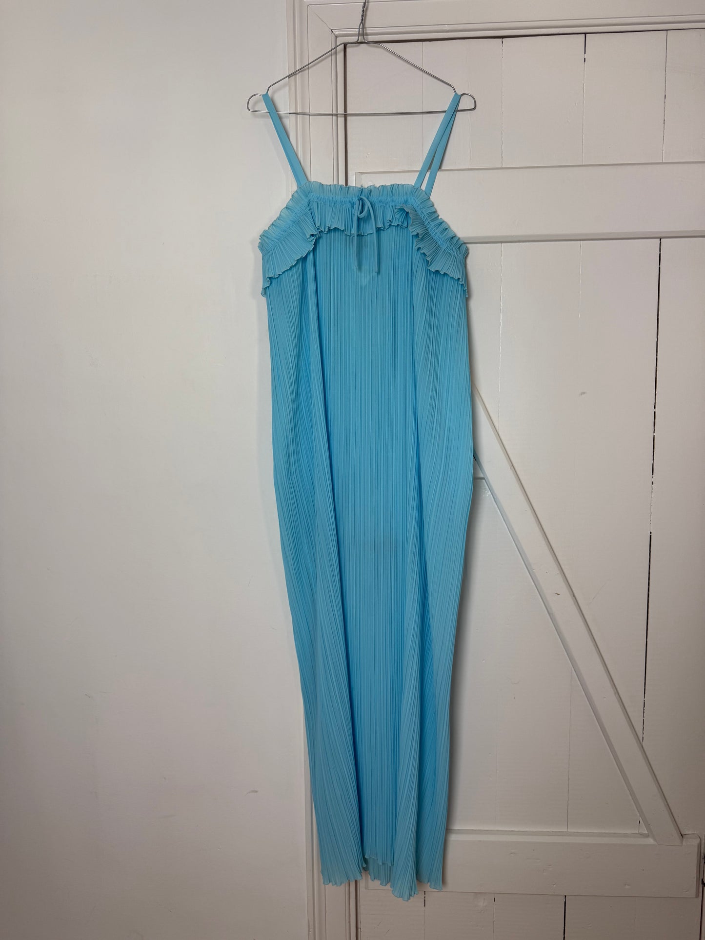 Vintage Aqua Pleated Maxi Dress with Ruffle Neckline