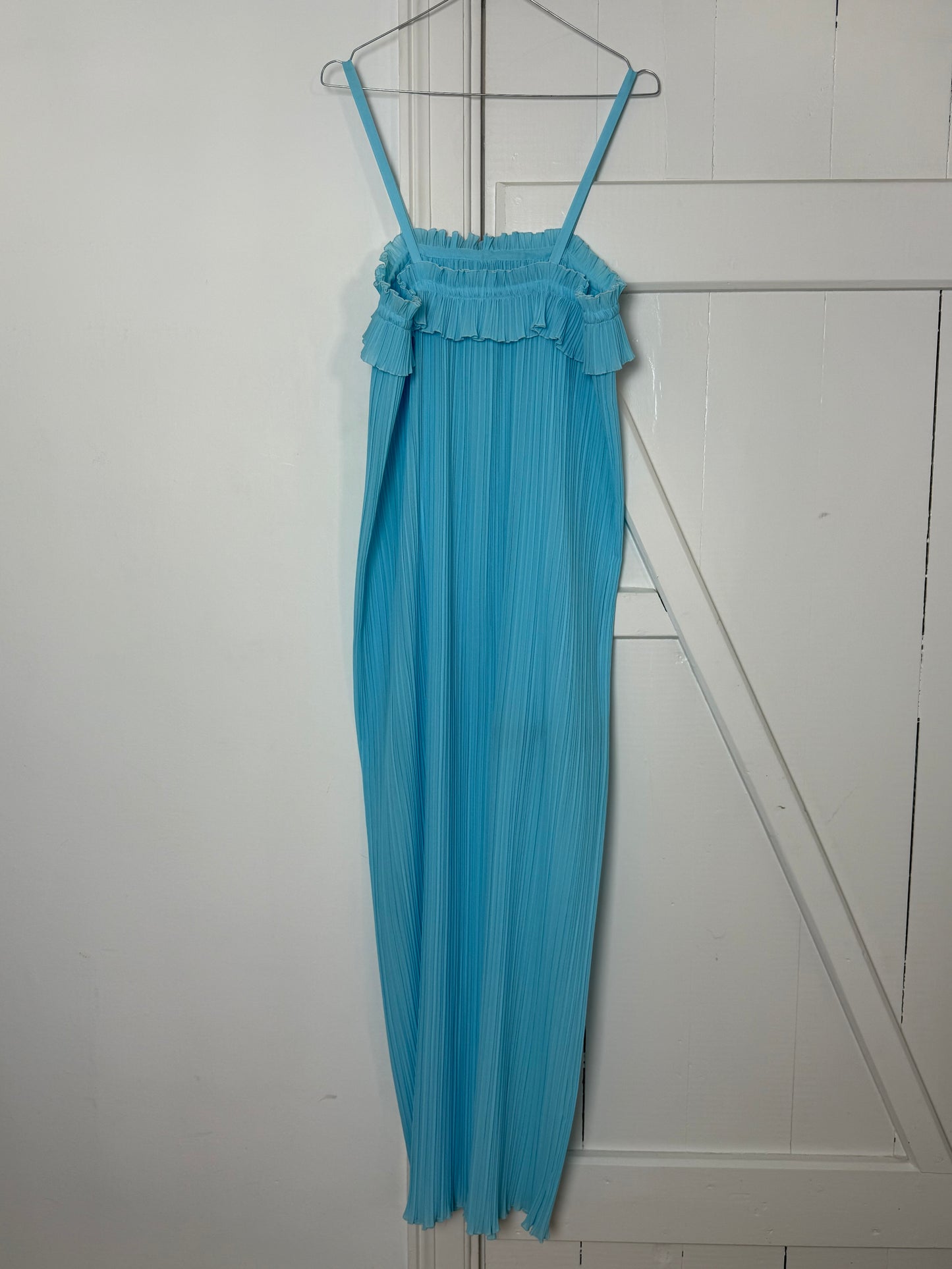 Vintage Aqua Pleated Maxi Dress with Ruffle Neckline