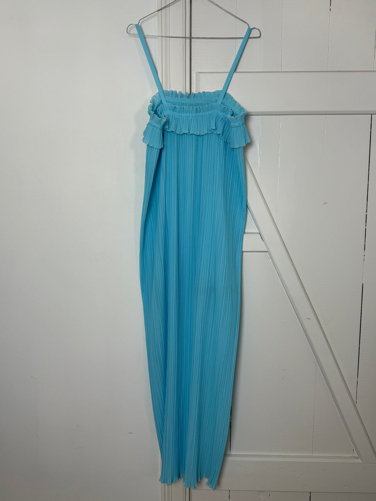Vintage Aqua Pleated Maxi Dress with Ruffle Neckline
