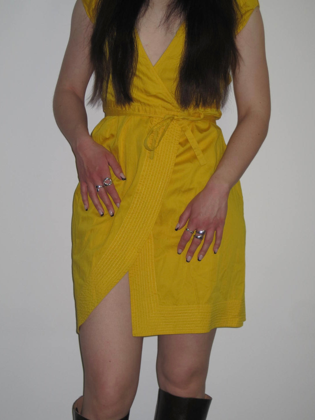 Vintage Diane Von Furstenberg Yellow Wrap Mini Dress With Textured Trim and Tie Waist