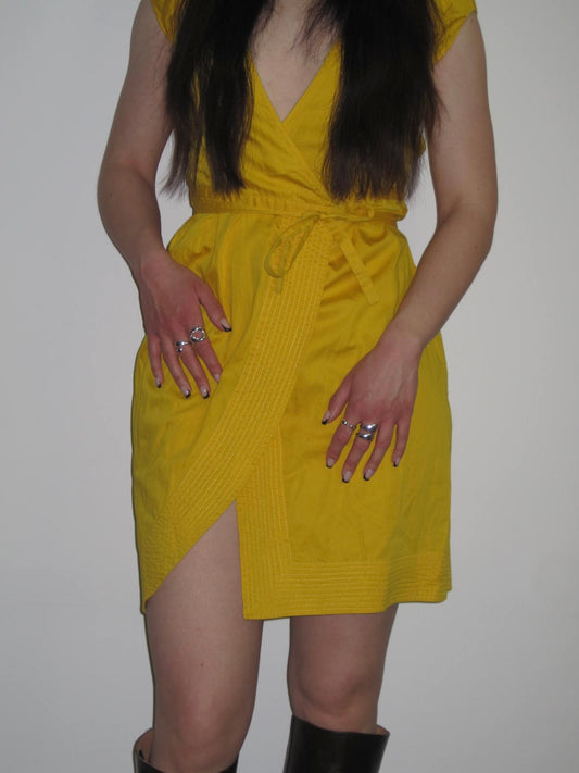 Vintage Diane Von Furstenberg Yellow Wrap Mini Dress With Textured Trim and Tie Waist