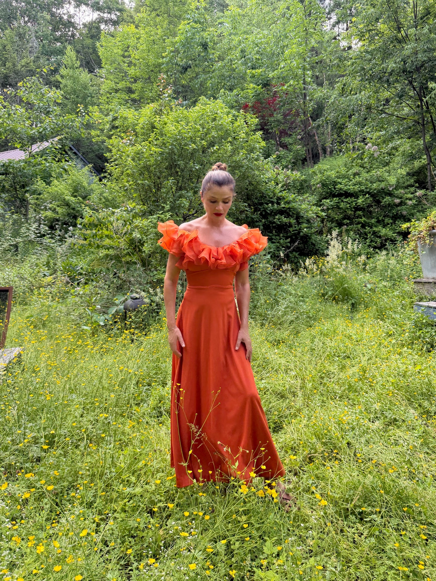 Vintage Orange Ruffle Evening Gown