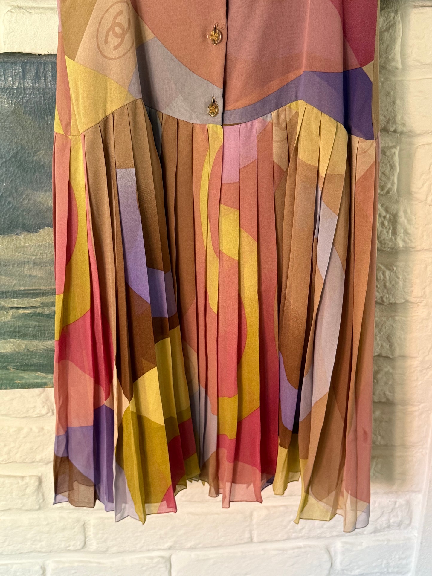 Iconic Vintage Chanel Silk Pleated Dress with Multicolor Abstract Print