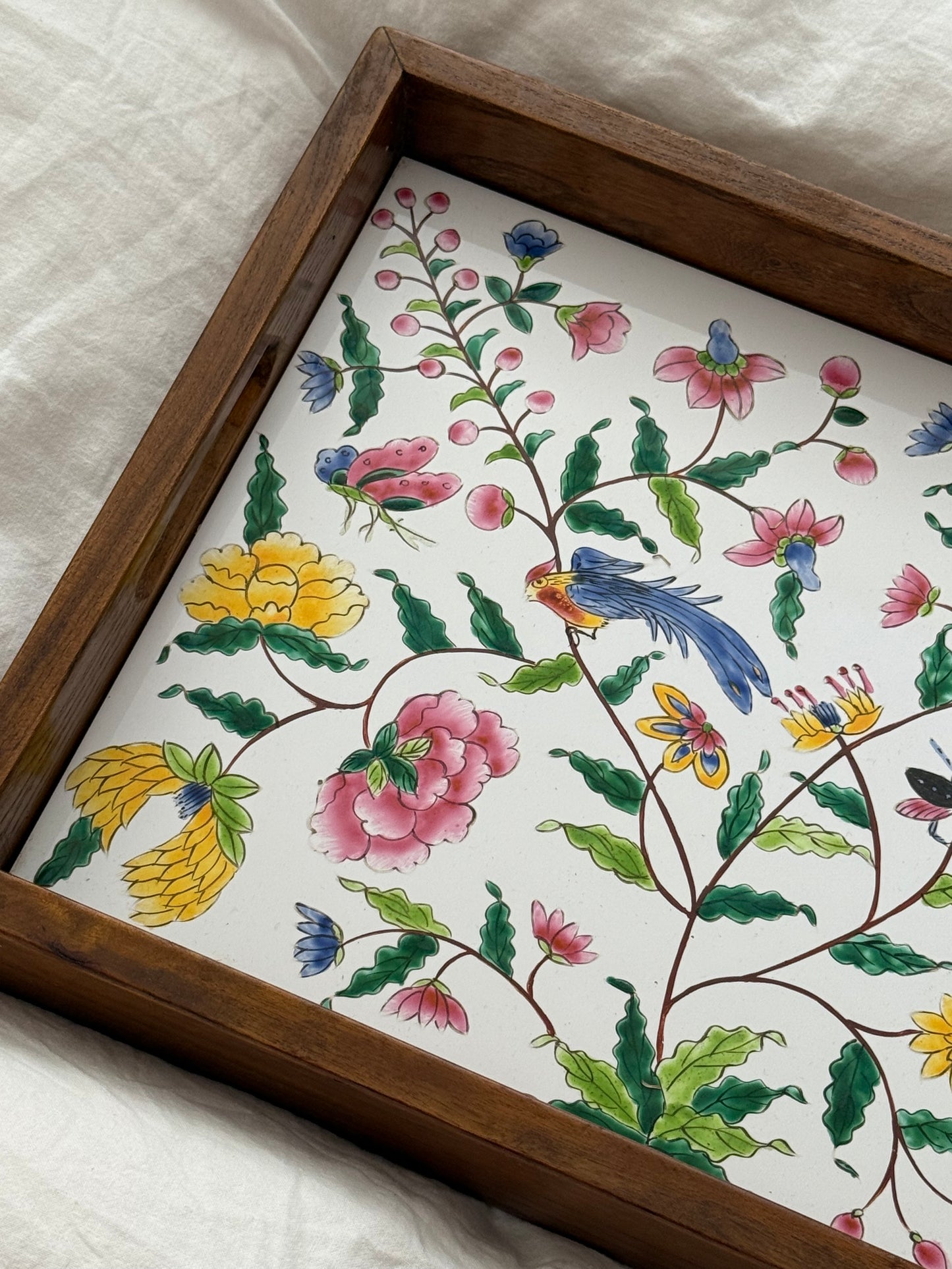 Vintage Wooden & Ceramic Serving Tray with Hand-Painted Flowers and Birds