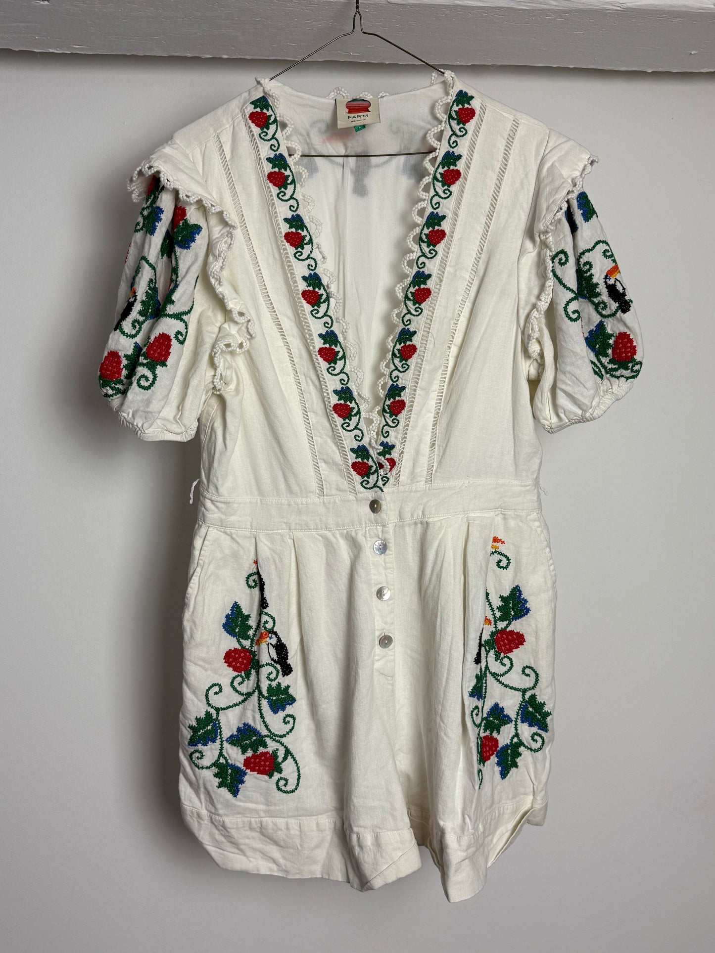 FARM Rio Embroidered Strawberry and Toucan Cotton Playsuit