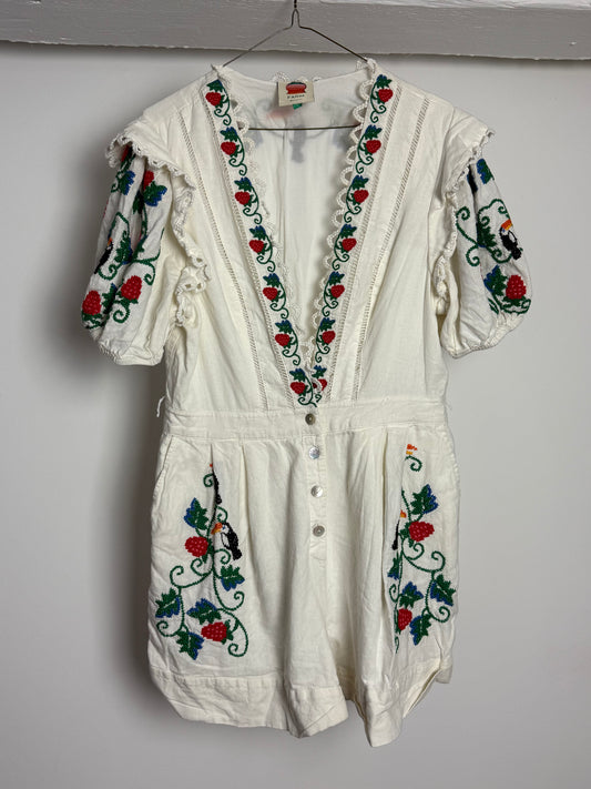 FARM Rio Embroidered Strawberry and Toucan Cotton Playsuit