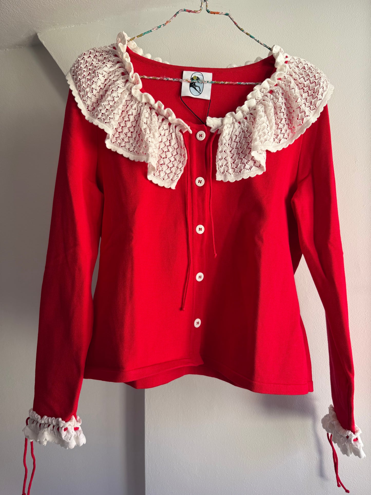 Sleeper Red Knit Cardigan with Lace Collar