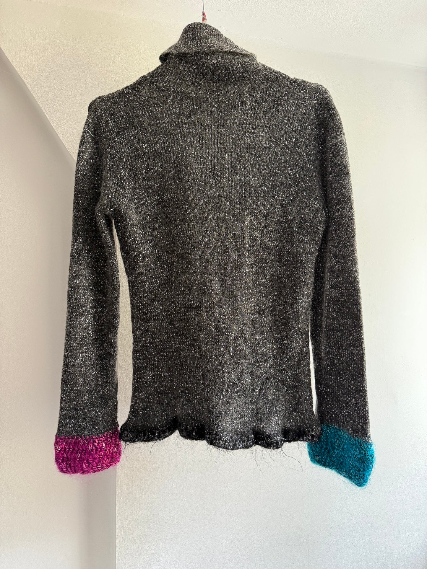 Vintage Mohair Blend Glitter Top with Pink and Blue Knitted Details on the Sleeves